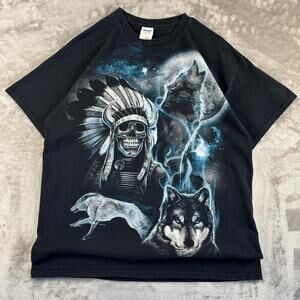 Vintage Wolf Graphic T Shirt Mens Large Black Native Skull Moon